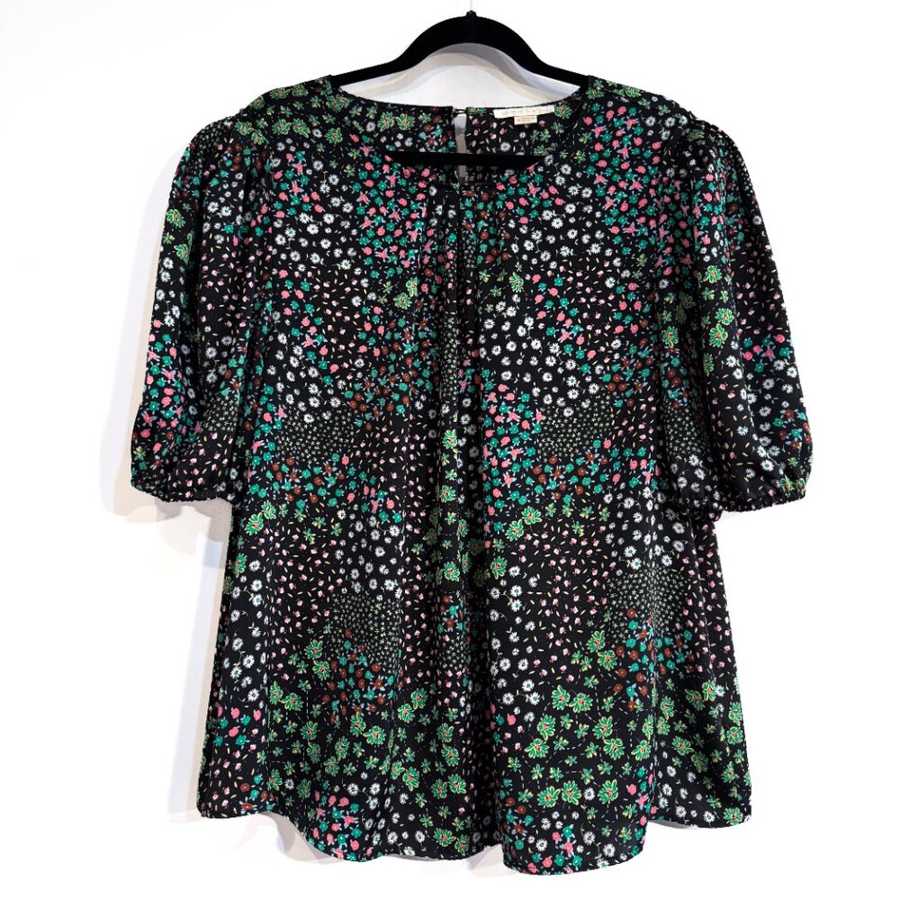 Cooper & Ella Ditsy Floral Blouse Black Flowy Short Sleeve Satin Women's Size XL